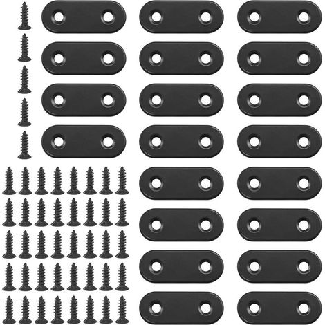 Lot de 20 crochets d’angle droits plats de 40 mm en métal noir avec joint pour plaque de réparation avec 45 vis pour meubles en bois (40 x 2 mm) (1/5)