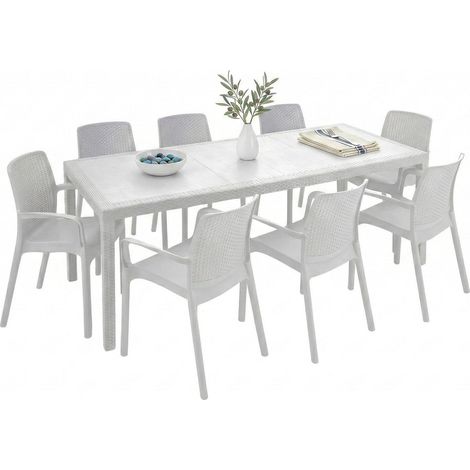 Dmora - Set salotto da esterno Arret, Salottino outdoor, Tavolo rettangolare allungabile con 8 sedie con braccioli, Made in Italy, Bianco