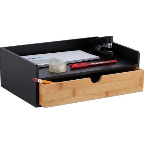 Relaxdays Desk Organiser, 1 Drawer, DIN A4 Shelf, Bamboo, HxWxD: 11 x 32 x 22 cm, Office Organiser, Black/Natural (1/5)