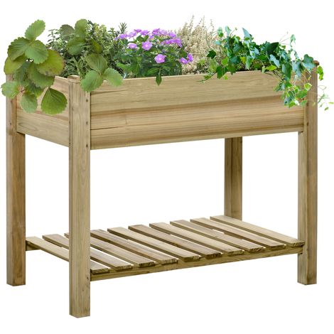 Raised Garden Bed with Legs and Storage Shelf Elevated Wooden Planter Box