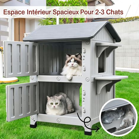 Maison pour chat à deux étages pour intérieur et extérieur en résine isolante (1/5)