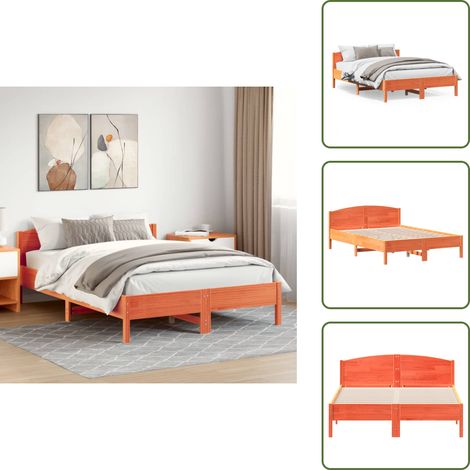 The Living Store Cadre de lit sans matelas cire marron 150x200cm bois pin massif - Cadre De Lit - Lit Double - Bois Massif - Lit En Bois - Tête De Lit