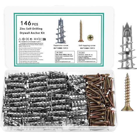 146 Pièces - Cheville - Vis Autoforeuse - Fixation Mural Sans Perçage Pour Plaque De Plâtre Et Béton Alliage De Zinc Argenté M4x25mm Et M4x30mm