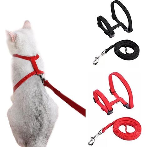 Harnais réglable pour Chat, Laisse, Harnais pour Chaton, Laisse, Corde de sécurité d'évacuation pour Chats et Chatons Lot de 2 (1 Rouge et 1 Noir) (1/4)