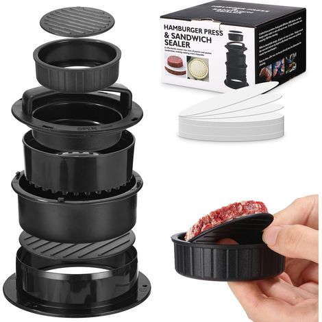 Presse à burger 4 en 1, moule à viande hachée, découpe-sandwich, pour burgers farcis, bœuf, légumes, noir, avec 200 disques de papier sulfurisé (1/5)