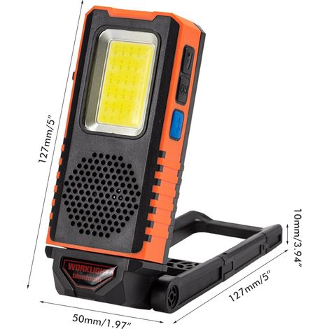 Lampe de travail LED multifonctionnelle avec aimant et haut-parleur Bluetooth, projecteur COB rechargeable par USB. (1/5)