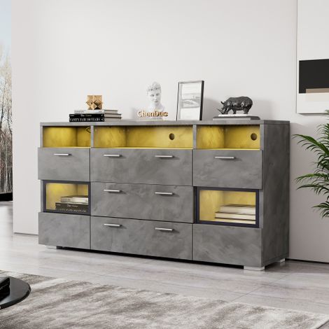 Buffet moderne avec éclairage LED et portes en acrylique transparent – ​​2 portes, 3 tiroirs et espace de rangement ouvert – Meuble bas, meuble de rangement, buffet, meuble d'angle (1/5)