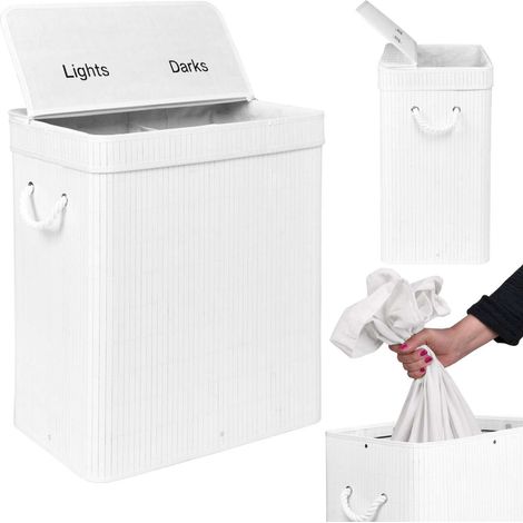 Cesto de ropa de bambú con tapa, 100 litros, blanco