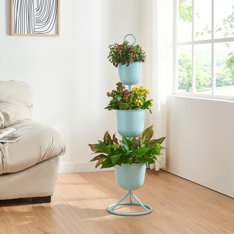 Soporte para plantas Alphen con 3 maceteros metal 110xØ28cm - Azul claro [en.casa]