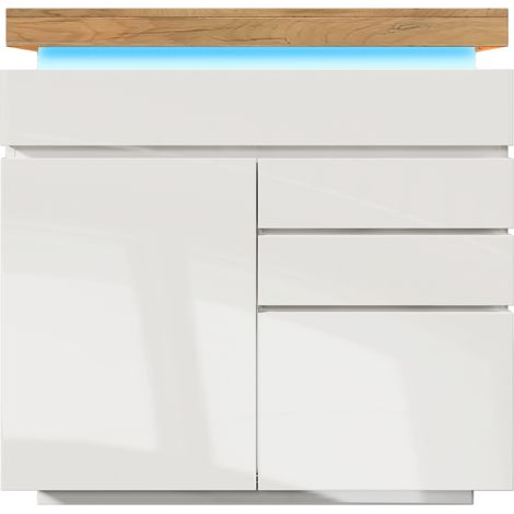 CAIziCommode Blanc Brillant 2 Portes 3 Tiroirs LED 115x110x39 cm (1/5)