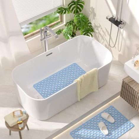 Non-slip bath mat, 70 x 38 cm, BPA-free, mold-resistant and machine washable, non-slip, with effective drainage and easy to clean, blue