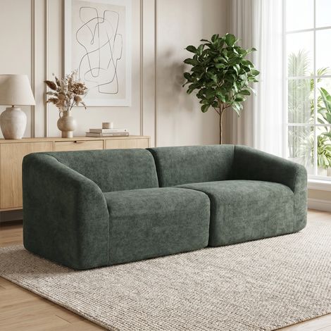 Canapé 3 places en tissu chenille 225 cm, sofa moderne pour salon, assise spacieuse et rembourrée, coussins à ressorts, teinte vert forêt (1/5)