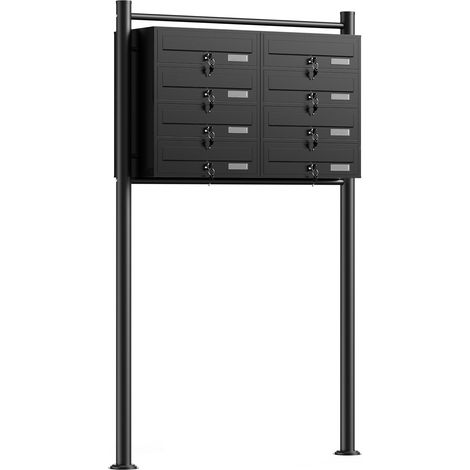 Wiltec 8er Briefkastenanlage schwarz 945 x 270 x 1500 mm, Standbriefkasten mit 2x4 Fächern, Schlüssel und Namensschild, Briefkasten Postkasten mit Ständer