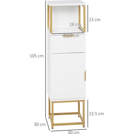 Meuble de salle de bain en bois et métal avec tiroirs, étagères et placards, 30 x 30 x 105 cm, blanc (1/5)