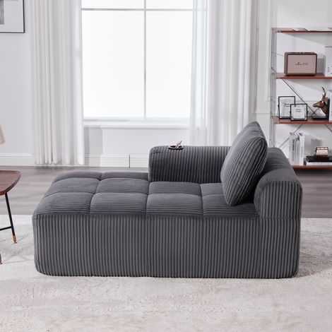 Fauteuil lounge confortable en velours côtelé, canapé sans montage, avec coussin de dossier, poche latérale pour télécommande et téléphone, porte-gobelet intégré, ordonné et esthétique. (1/5)