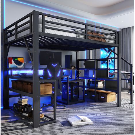 letto salvaspazio 140x200 con scrivania LED USB nero OKMYHOME