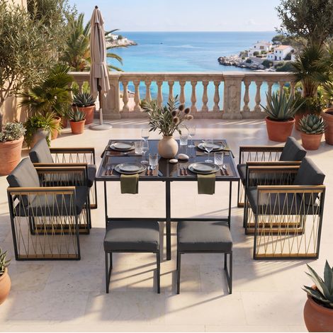 Mesa comedor exterior jardín 6 asientos vidrio negro HAVRYA (1/5)