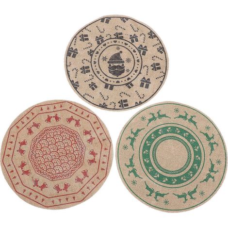 Sets de table ronds en jute rouge, imprimé Noël avec rennes et Père Noël, lot de 3 (1/5)