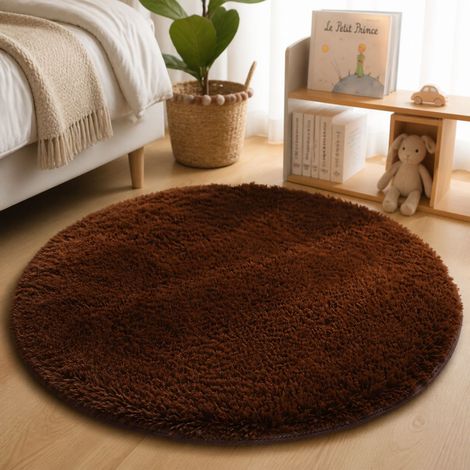 Tapis rond couleur café, diamètre 100 cm, texture ultra-douce et moelleuse, base antidérapante pour salon ou chambre (1/4)