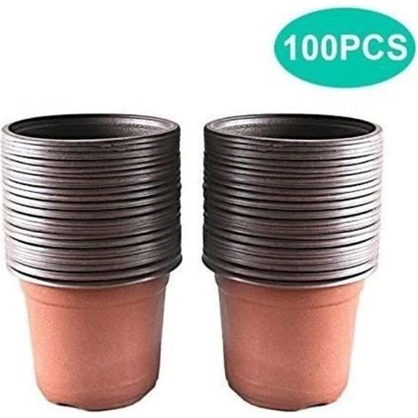 Lot de 100 Pots en Plastique pour semis et Plant, 10 cm - Marron - 8 Trous de Drainage (1/4)