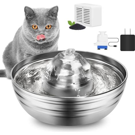 Katzenbrunnen, Edelstahl-Trinkbrunnen für Katzen und Hunde, 2 Liter/67 oz (2 Liter) geräuscharmer Trinkbrunnen, automatischer Haustierbrunnen mit Filter (runde Form)