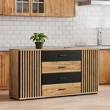 Buffet en MDF avec finition chêne et noir mat 140 x 35 x 70 cm (1/5)