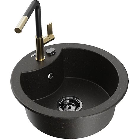 Mexen Diego Granitspüle 1-Becken mit Küchenarmatur Flora, schwarz/gold metallic - 6512-75-670401-57-B (1/5)