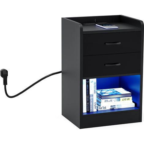 Comodino moderno Haloyo® a 2 cassetti con luci a LED, comodino con multipresa, per soggiorno, camera da letto, 40x35x65 cm, nero (1/5)