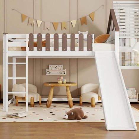 Lit mezzanine enfant - KOMHTOM - Toit 90x200 - Bois - Blanc - Toboggan et fenêtres (1/5)