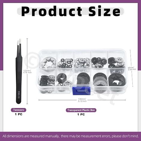 304 Stainless Steel Inner Tooth Safety Washers Sizes with Tweezers Kit, M2 M2.5 M3 M4 M5 M6 M8 M10 M12 Push On Spring Safety Nuts Clips (1/4)