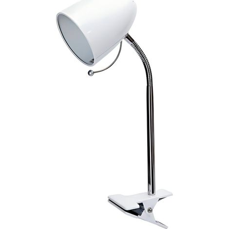 Abat-jour de table à pince métal blanc, col flexible, douille E27 (sans ampoule)