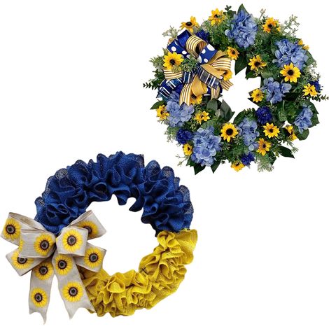 Couronne de Porte Bleue et Jaune Ukraine avec Tournesols, Décoration Printemps pour Porche Fermier (1/5)