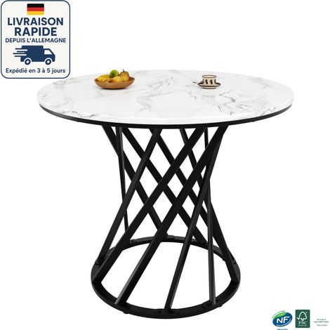 MODFU - Mesa de Comedor Redonda para 4 Personas, Mesa de Cocina y Salón, MDF, 80×80×76 cm, Patas de Metal, Blanco y Negro (1/5)