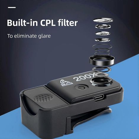 200-fache Vergrößerung, Handy-Mikroskopobjektiv mit LED-/UV-Beleuchtung, eingebautem CPL-Filter und Universal-Display