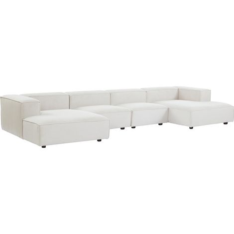 Canapé d'angle panoramique modulable en velours côtelé beige RUZOLO