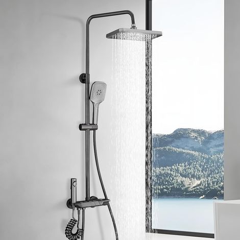 Zamery – Colonne de douche thermostatique en acier inoxydable – Douche à main avec 3 jets – Tuyau flexible 150cm – Étagère murale incluse (1/5)
