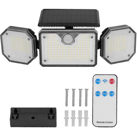 Luminaire Solaire Extérieur 3 Têtes Détecteur Mouvement IP65 Étanche Télécommande Allée Clôture Sécurité (1/5)