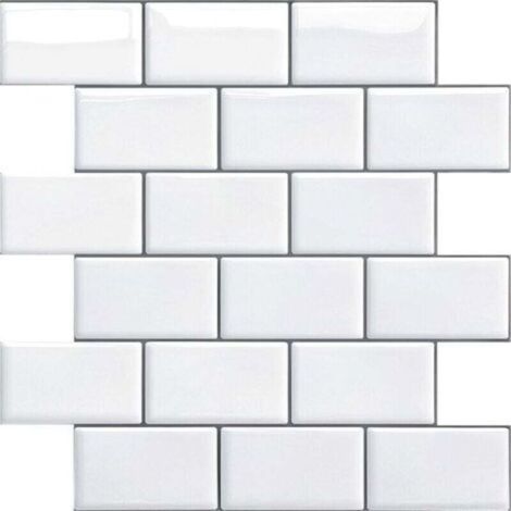 Credence Adhésif pour Cuisine Salle de Bain, Faux Carrelage Adhésif Mur Blanc Credence Cuisine Adhésif, Imperméable Metro 3D Carrelage PVC Adhésif Mural, 4 Pièces (Blanc, 4 Feuilles) (1/5)