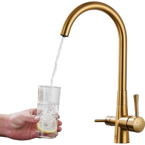 Robinet d'eau potable pour la cuisine - Mitigeur chaud/froid avec fonction filtre à eau - Pivotant à 360° - Osmose inversée - Doré (1/5)