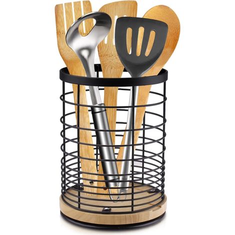 APEX Porte-ustensiles de cuisine rotatif à 360° en métal noir, 13,5 x 18,6 cm, adapté aux cuillères et fourchettes. (1/5)
