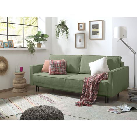 Lisa Design – Canapé convertible 3 places avec coffre – Velours côtelé vert sauge – Couchage occasionnel 194x145cm – Style contemporain (1/5)