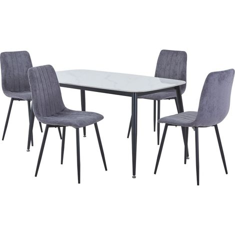 Aspen Gloss White Sintered Stone Rectangular Table & 4 Grey Fabric Chair Set - Metal - L54 x W53.5 x H88 cm