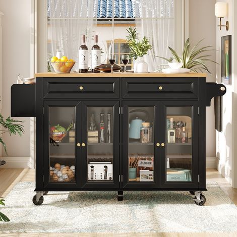 Desserte de cuisine-roulettes-portes en verre-chariot multifonction-bois-grand rangement-mobile-140x72.5x90(cm) (1/5)