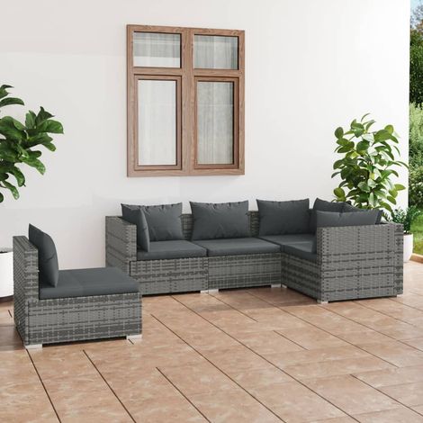 5-tlg. Garten-Lounge-Set mit Kissen Poly Rattan Grau vidaXL (1/5)