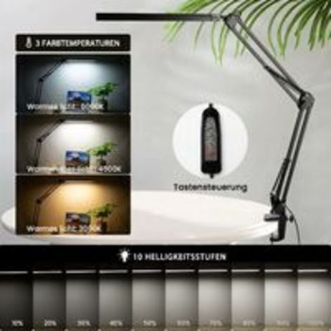 Lampada da scrivania a LED, 14W, pieghevole, ideale per architetti, con clip, 10 livelli di luminosità x 3 modalità di colore, regolabile, con protezione per gli occhi, adattatore CE 5V/2A incluso. (1/4)