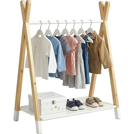 Relaxdays Kleiderständer für Kinder, HxBxT: 100 x 80 x 40 cm, Kleiderstange, Kiefernholz, Kindergarderobe, natur/weiß (1/5)