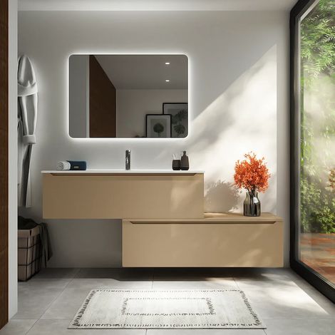 Mobile da Bagno Sospeso Modulare 120 cm Sabbia Opaco due Cassetti con Lavabo Incluso Mod. Bako (1/3)