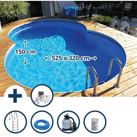 Stahlwandpool Set (10-teilig) tief achtform Cannes 525x320x150 cm, Stahl 0,8mm weiß Folie 0,6mm blau (1/5)