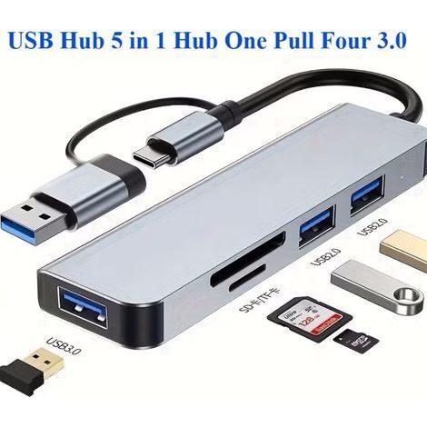 Station d'accueil USB 2.0/3.0 Hub 4-en-1 Transfert de données rapide, Convertisseur d'extension pour PC portable, Surface brillante (1/5)