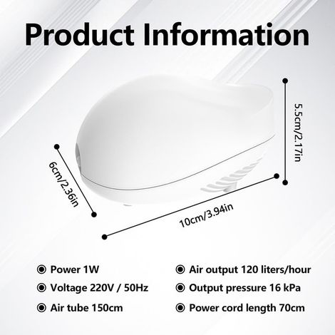 Pompe à Air d'Aquarium Silencieuse avec Diffuseur d'Air Clapet Anti-Retour Tube de 150cm et Vanne de Régulation Compresseur d'Oxygène pour Aquarium de Moins de 50L